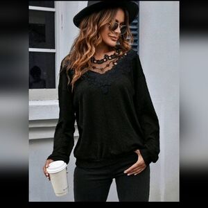SheIn LUNE  Contrast Lace Drop Shoulder Sweatshirt, Black XL